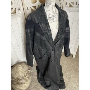 Vintage 80s Outbrook Leather Trench Coat Car Jacket Navajo Tribal Size 2XL